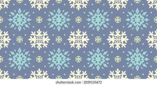 Christmas drawing with snowflakes. The Nordic style. Folk print with flakes. Scandinavian, Portuguese ornament. Spanish porcelain. Oriental damask. Ethnic motif. Ikat geometric folklore background. 