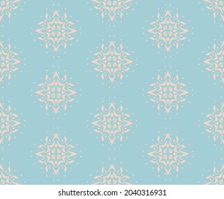 Christmas drawing with snowflakes. The Nordic style. Folk print with flakes. Scandinavian, Portuguese ornament. Spanish porcelain. Oriental damask. Ethnic motif. Ikat geometric folklore background. 