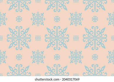 Christmas drawing with snowflakes. The Nordic style. Folk print with flakes. Scandinavian, Portuguese ornament. Spanish porcelain. Oriental damask. Ethnic motif. Ikat geometric folklore background. 
