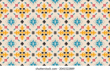 Christmas drawing with snowflakes. The Nordic style. Folk print with flakes. Scandinavian, Portuguese ornament. Spanish porcelain. Oriental damask. Ethnic motif. Ikat geometric folklore background.