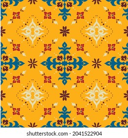 Christmas drawing with snowflakes. The Nordic style. Folk print with flakes. Scandinavian, Portuguese ornament. Spanish porcelain. Oriental damask. Ethnic motif. Ikat geometric folklore background.