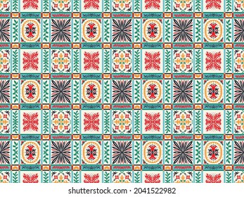 Christmas drawing with snowflakes. The Nordic style. Folk print with flakes. Scandinavian, Portuguese ornament. Spanish porcelain. Oriental damask. Ethnic motif. Ikat geometric folklore background.
