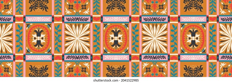 Christmas drawing with snowflakes. The Nordic style. Folk print with flakes. Scandinavian, Portuguese ornament. Spanish porcelain. Oriental damask. Ethnic motif. Ikat geometric folklore background.