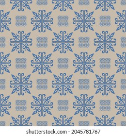 Christmas drawing with snowflakes. The Nordic style. Folk print with flakes. Scandinavian, Portuguese ornament. Spanish porcelain. Oriental damask. Ethnic motif. Ikat geometric folklore background. 