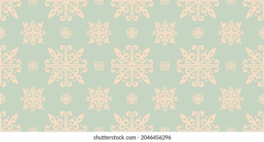 Christmas drawing with snowflakes. The Nordic style. Folk print with flakes. Scandinavian, Portuguese ornament. Spanish porcelain. Oriental damask. Ethnic motif. Ikat geometric folklore background. 