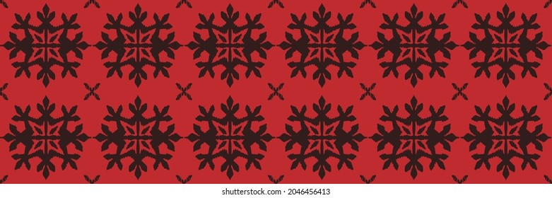 Christmas drawing with snowflakes. The Nordic style. Folk print with flakes. Scandinavian, Portuguese ornament. Spanish porcelain. Oriental damask. Ethnic motif. Ikat geometric folklore background. 