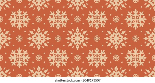 Christmas drawing with snowflakes. The Nordic style. Folk print with flakes. Scandinavian, Portuguese ornament. Spanish porcelain. Oriental damask. Ethnic motif. Ikat geometric folklore background. 