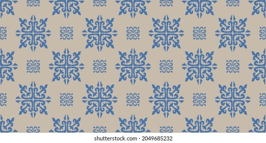 Christmas drawing with snowflakes. The Nordic style. Folk print with flakes. Scandinavian, Portuguese ornament. Spanish porcelain. Oriental damask. Ethnic motif. Ikat geometric folklore background. 
