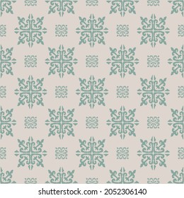 Christmas drawing with snowflakes. The Nordic style. Folk print with flakes. Scandinavian, Portuguese ornament. Spanish porcelain. Oriental damask. Ethnic motif. Ikat geometric folklore background. 