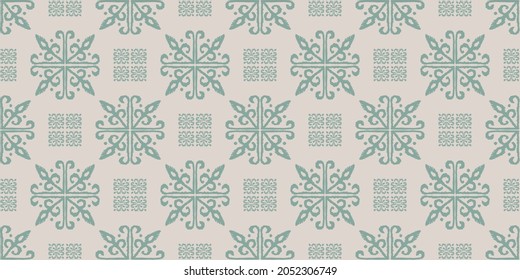 Christmas drawing with snowflakes. The Nordic style. Folk print with flakes. Scandinavian, Portuguese ornament. Spanish porcelain. Oriental damask. Ethnic motif. Ikat geometric folklore background. 