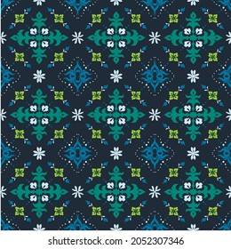 Christmas drawing with snowflakes. The Nordic style. Folk print with flakes. Scandinavian, Portuguese ornament. Spanish porcelain. Oriental damask. Ethnic motif. Ikat geometric folklore background.