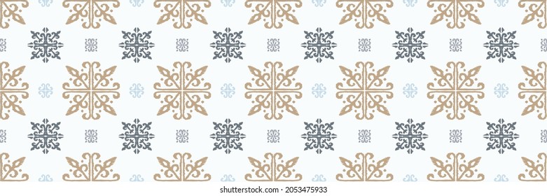 Christmas drawing with snowflakes. The Nordic style. Folk print with flakes. Scandinavian, Portuguese ornament. Spanish porcelain. Oriental damask. Ethnic motif. Ikat geometric folklore background. 