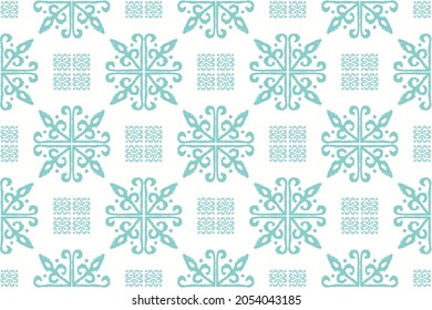 Christmas drawing with snowflakes. The Nordic style. Folk print with flakes. Scandinavian, Portuguese ornament. Spanish porcelain. Oriental damask. Ethnic motif. Ikat geometric folklore background. 