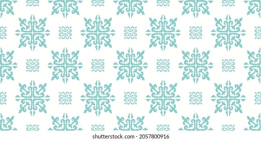 Christmas drawing with snowflakes. The Nordic style. Folk print with flakes. Scandinavian, Portuguese ornament. Spanish porcelain. Oriental damask. Ethnic motif. Ikat geometric folklore background. 