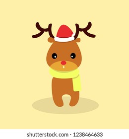 Christmas drawing vector of funny and cute reindeer. Christmas reindeer illustration. reindeer with yellow scarf. Cartoon and flat style. 