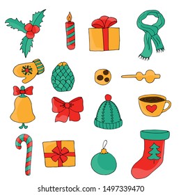Christmas drawn cartoon collection. Winter holiday vector set.