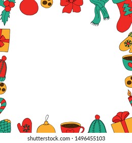 Christmas drawn color frame. Cute winter holiday vector banner.