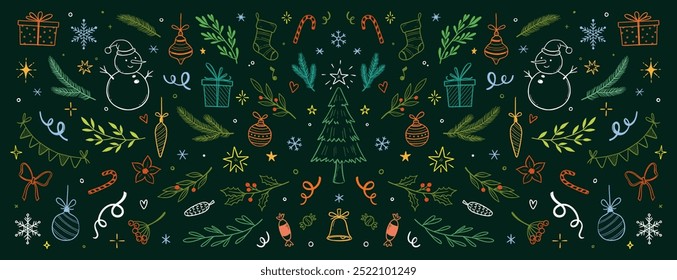 Christmas drawn holly line decor, pine branch, snowflake background. Hand drawn doodle sketch holly floral, christmas tree leaves, winter pine. Holiday ornament sketch doodle. Vector illustration