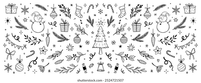 Christmas drawn holly line decor, pine branch, snowflake background. Hand drawn doodle sketch holly floral, christmas tree leaves, winter pine. Holiday ornament sketch doodle. Vector illustration