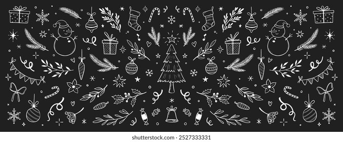 Christmas drawn holly line decor, pine branch, snowflake background. Hand drawn doodle sketch holly floral, christmas tree leaves, winter pine. Holiday ornament sketch doodle. Vector illustration