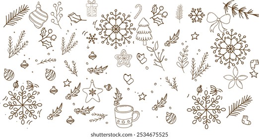 Christmas drawn holly line decor, pine branch, snowflake background