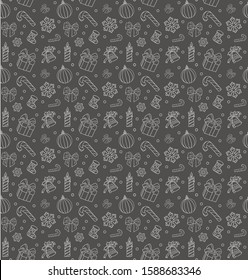 Christmas drawn pattern with gifts, bows, Christmas toys and candles. Vector illustration.
