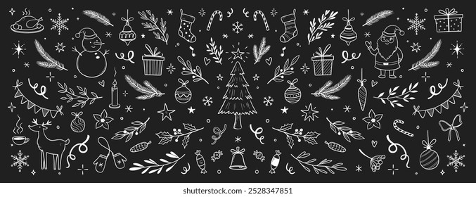 Christmas drawn xmas tree, leaf, holly wreath background. Hand drawn doodle sketch holly floral, christmas tree leaves, snowflake. Holiday ornament, rustic wreath sketch doodle. Vector illustration