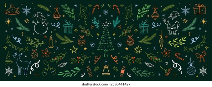 Christmas drawn xmas tree, leaf, holly flower background. Hand drawn doodle sketch holly floral, christmas tree leaves, winter pine. Holiday ornament, rustic wreath sketch doodle. Vector illustration