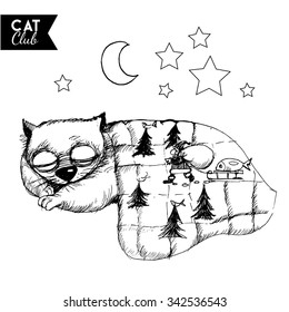 Christmas dream of a cat. Vector sketch of funny cat characters