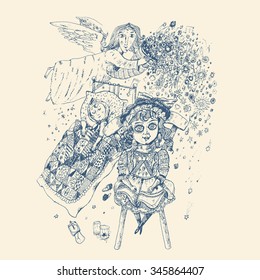Christmas dream of the sleeping girl. The angel pours out snowflakes and stars from a horn of plenty.  Hand drawn vector illustration, vintage engraved style