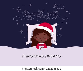 Christmas dreams banner. Happy little African American girl is fast asleep before Christmas. The child lies in bed under a soft blanket and has a healthy sleep. Night of Santa. vector illustration.
