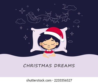 Christmas dreams banner. Happy little Asian boy is fast asleep before Christmas. The child lies in bed under a soft blanket and sleeps a healthy sleep. Night of Santa. vector illustration.