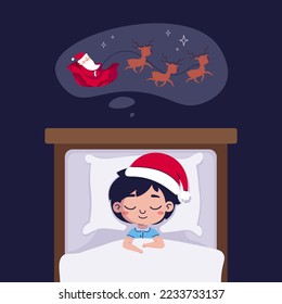 Christmas dreams banner. Happy little boy is fast asleep before Christmas. The child lies in bed under a soft blanket and sleeps a healthy sleep. Night of Santa. Vector illustration.