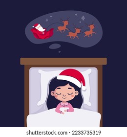 Christmas dreams banner. Happy little girl is fast asleep before Christmas. The child lies in bed under a soft blanket and sleeps a healthy sleep. Night of Santa. Vector illustration.