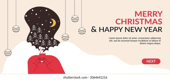 Christmas dreamy woman with snow hair landing page template. Merry Christmas and Happy New Year banner. Female character with heart celebrate winter x-mas holidays. Flat vector cartoon illustration
