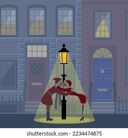 A christmas dressed couple kissing in the lamp light on a city street Vector Illustration.  Christmas greetings. 