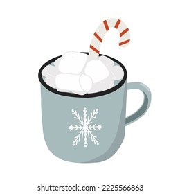 Christmas drink in blue cup with caramel stick and marshmallows vector illustration on white background for sticker, print, poster, postcard
