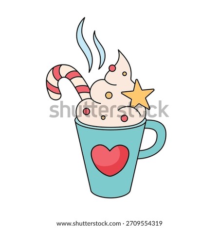Christmas drink with candy cane and whipped cream doodle style. Retro groovy cartoon illustration. Vector. Outline Mug with hot beverage. Vector illustration isolated on white. Christmas decoration