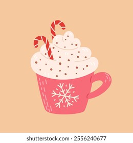 Christmas drink with candy canes, chocolate chips, cream. Hot winter coffee, chocolate or tea in pink mug. Cozy illustration in hand drawn flat style. Holiday design for print, poster, menu