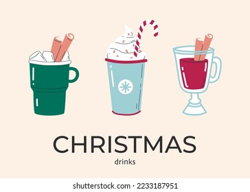 Christmas drink with cinnamon in a mug glass. isolated vector elements