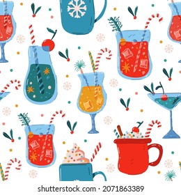 Christmas drink cocktails vector cartoon seamless pattern background for wallpaper, wrapping, packing, and backdrop.