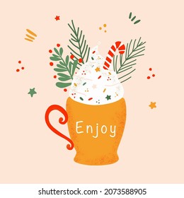Christmas drink with coffee, cocoa or chocolate. Mug of cacao with whipped cream, marshmallow and candy cane. Greeting card for Xmas, New year or winter holidays. Vector illustration.