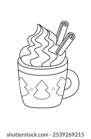 Christmas drink coloring book page. Christmas doodle book coloring page. Outline illustration.