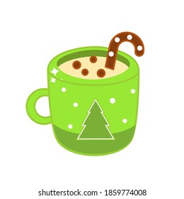 Christmas drink in cozy mug. Cup of hot cocoa with candy cane and cookie for New Year menu and other design. vector clip art