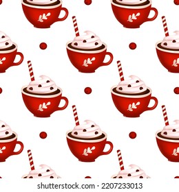 Weihnachtsgetränk Creme 3D Vektor nahtloses Muster, Kakaobecher, Schokoladenkunst, Winterkaffee, scharfe Illustration