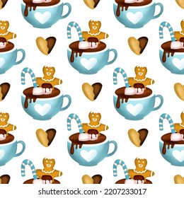 Christmas drink cream 3d vector seamless pattern, cocoa cup dessert chocolate art, winter coffee hot illustration