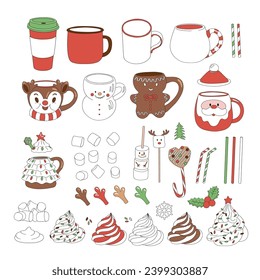 Christmas drink creator Santa Claus Snowman Reindeer Gingerbread cup mug teapot vector seamless pattern. Xmas holiday festive season treats sweets snacks food background.