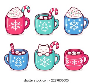 Christmas drink cups, hot chocolate or coffee with candy canes, whipped cream and marshmallows. Kawaii hand drawn doodles. Cute cartoon vector illustration set.