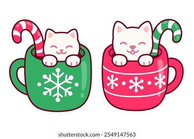 Christmas drink cups with marshmallow cat and dog with candy cane. Kawaii couple latte art. Cute cartoon Christmas greeting card vector illustration.