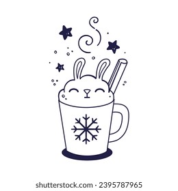 Christmas drink decorated as a whipped cream bunny with a cinnamon stick. Winter hot beverage in doodle style. Hand drawn Milkshake hare. Hand drawn line art illustration. Kids Coloring book.